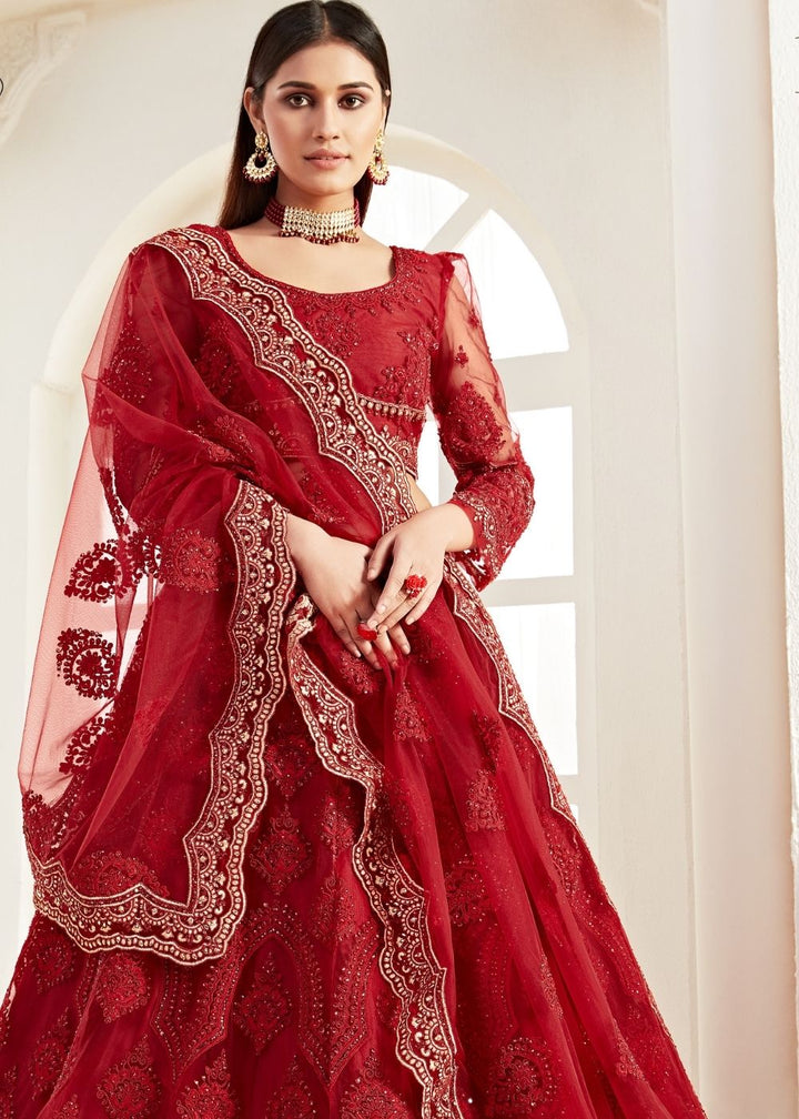 Apple Red Soft Net Lehenga Choli with Coding, Thread, Stonework & Zari Embroidery