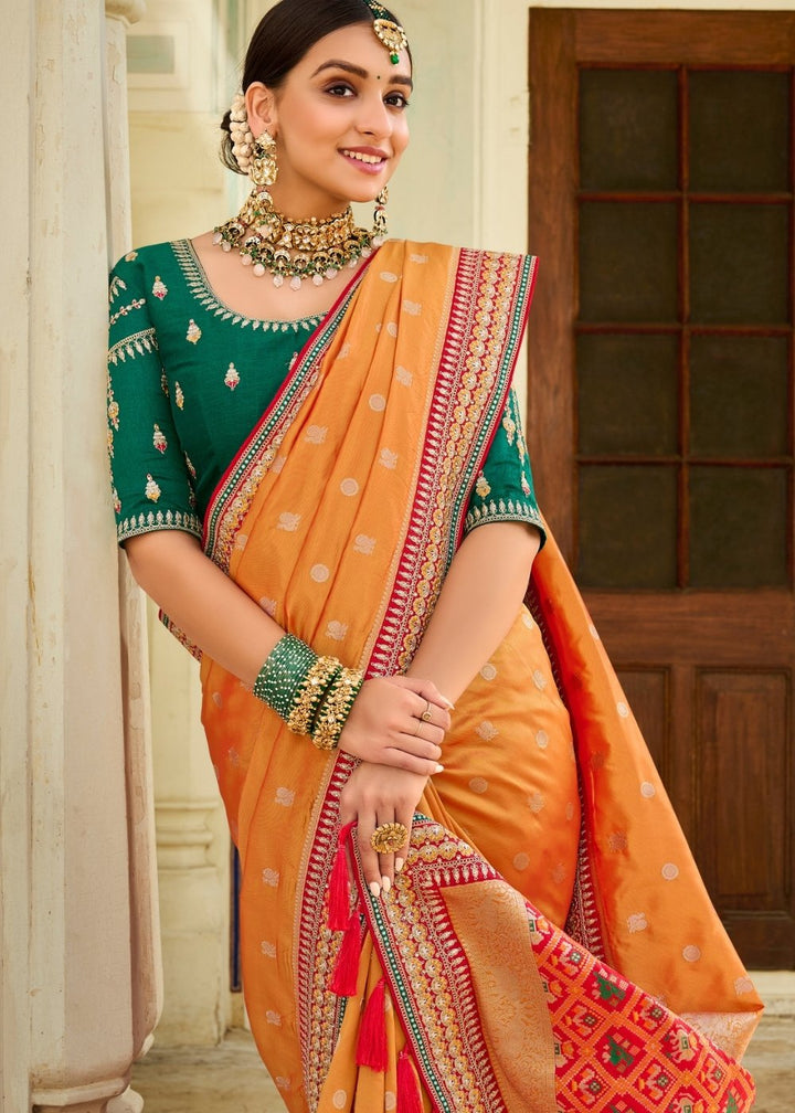 Salmon Orange Woven Banarasi Silk Saree with Embroidered Blouse