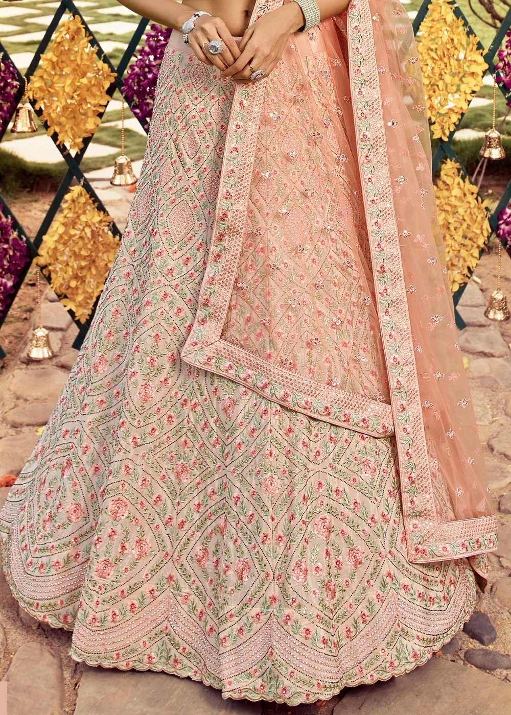 Pastel Peach Pink Crepe Lehenga Choli with Resham, Swarvoski, Zarkan & Zari work