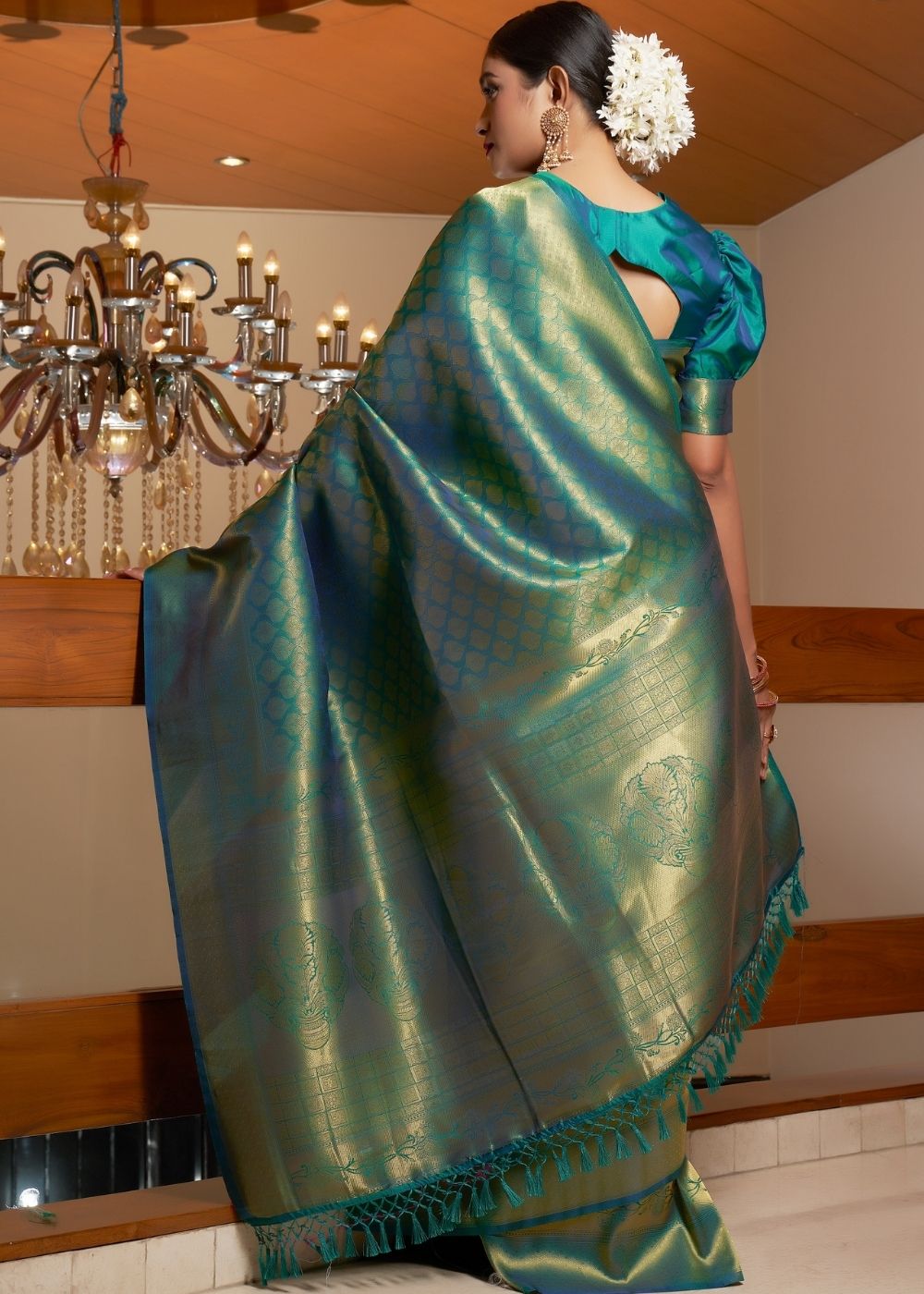 Lake Blue Zari Woven Kanjivaram Silk Saree