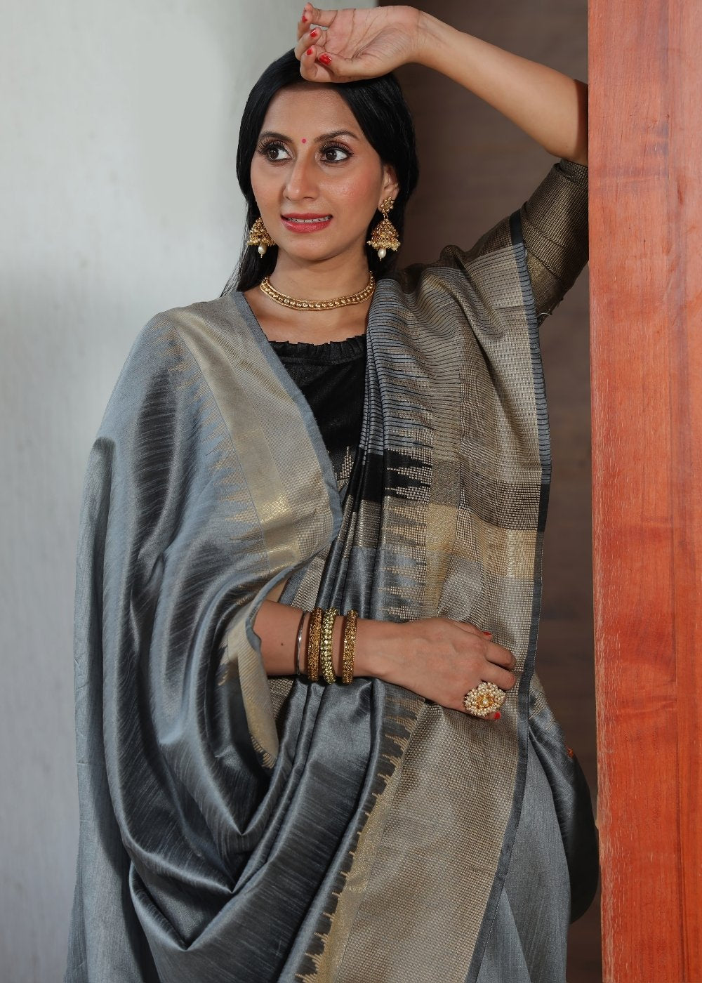 Steel Grey Art Silk Saree with Temple Border