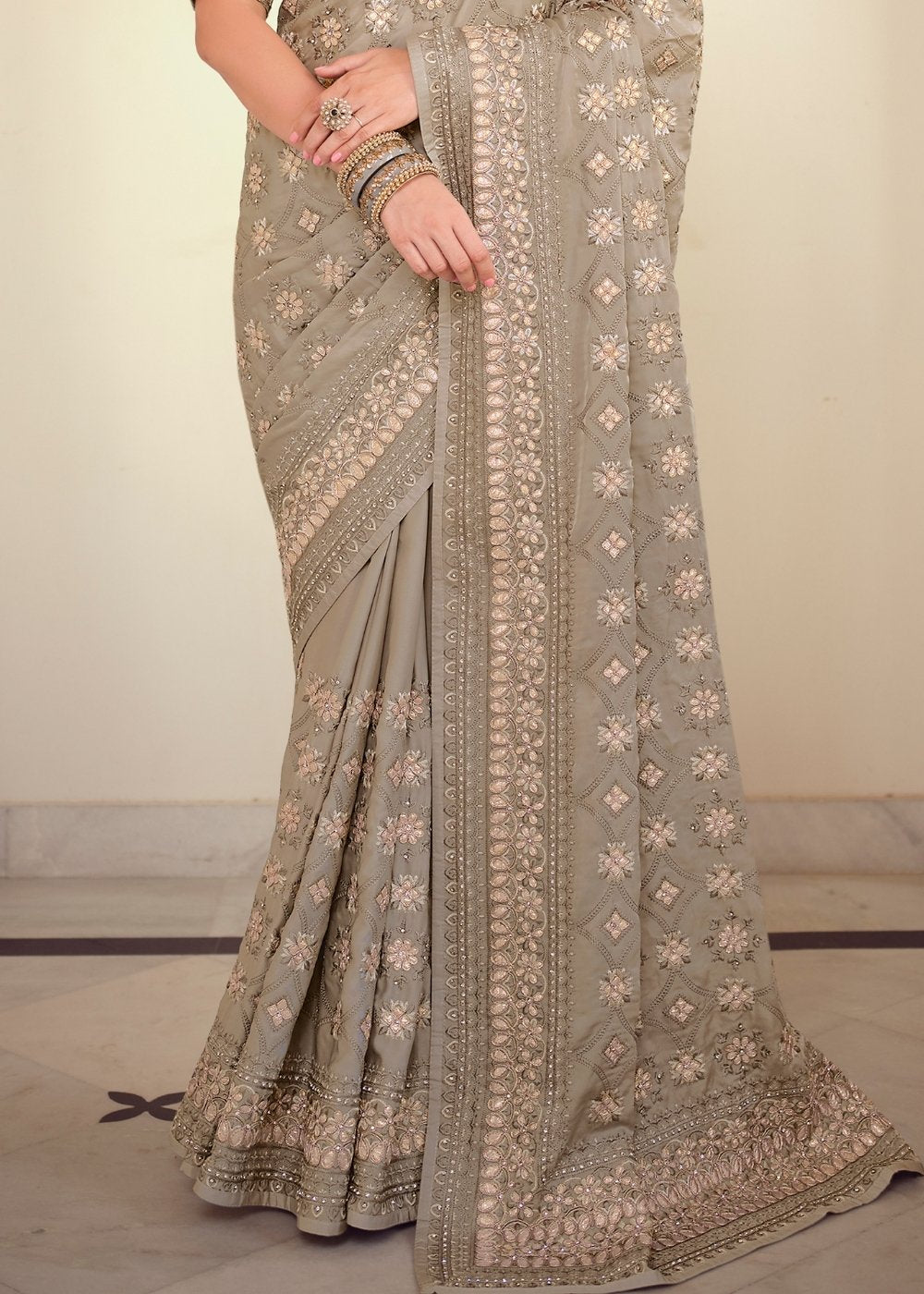 Seal Grey Designer Satin Georgette Saree with Gota & Resham work