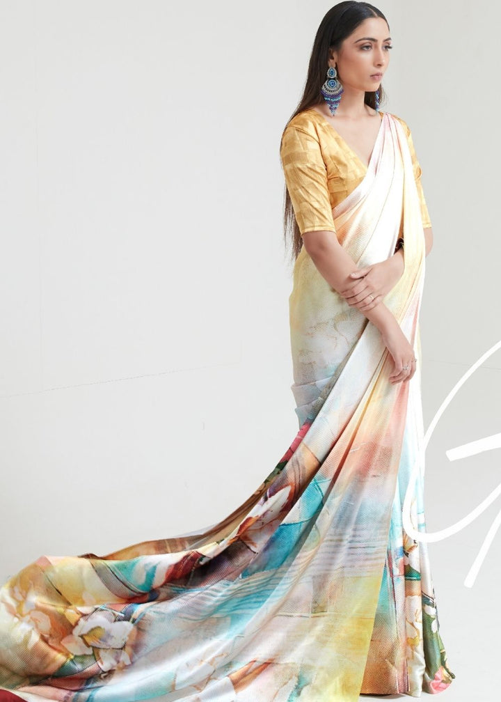 Flax Yellow Satin Silk Digital Printed Saree