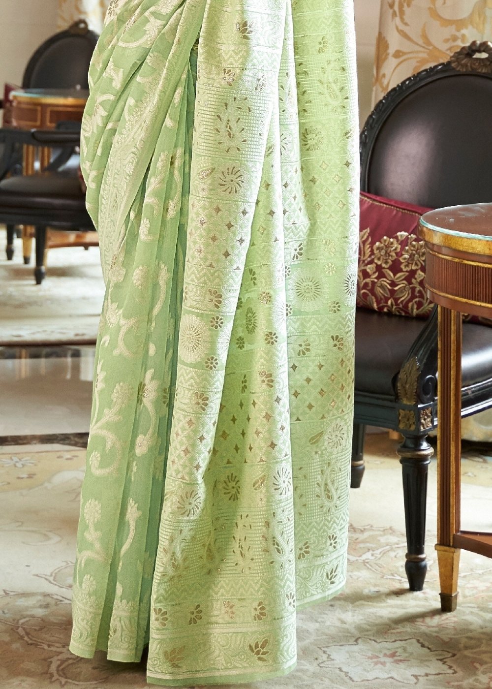 Emerald Green Lucknowi  Chikankari Weaving Silk Saree