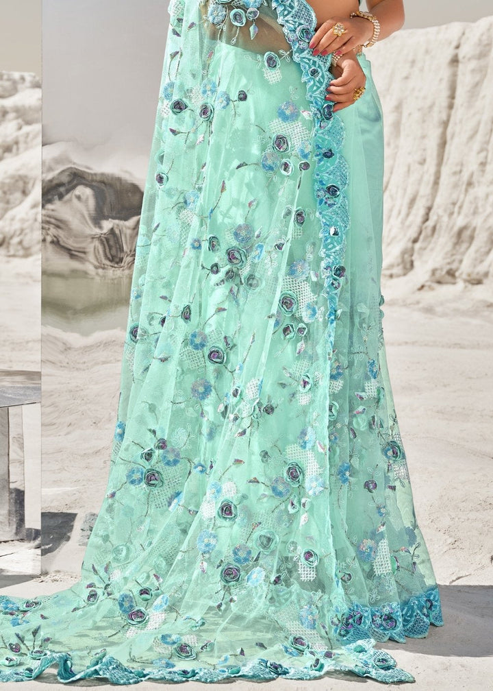 Arctic Blue Designer Net Saree with Hand-Made Flower,Moti & Cut-Dana work: Top Pick