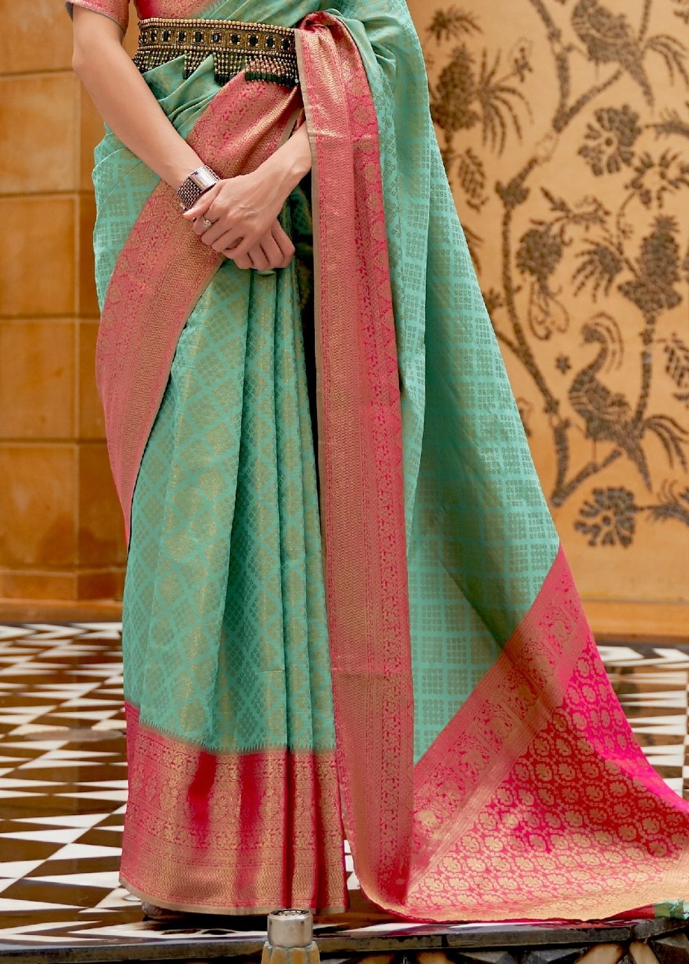 Caribbean Green Zari Woven Kanjivaram Silk Saree