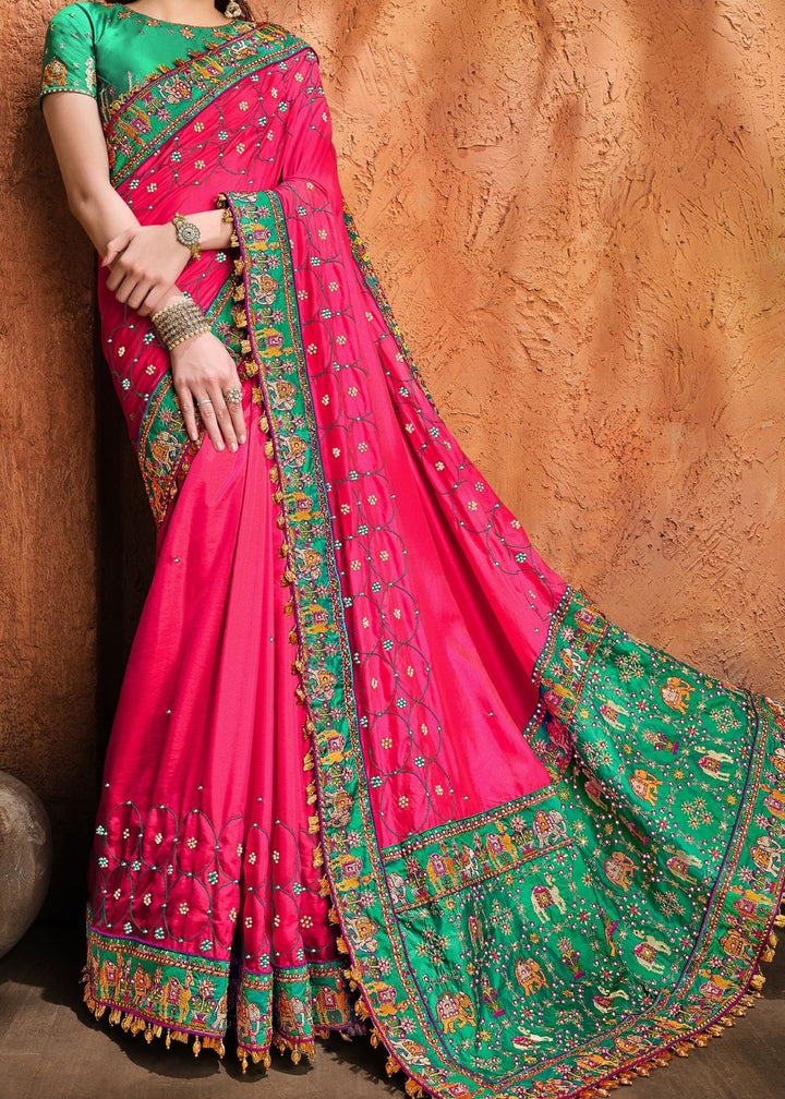 Cerise Pink Pure Satin Saree with Mirror, Resham & Diamond work