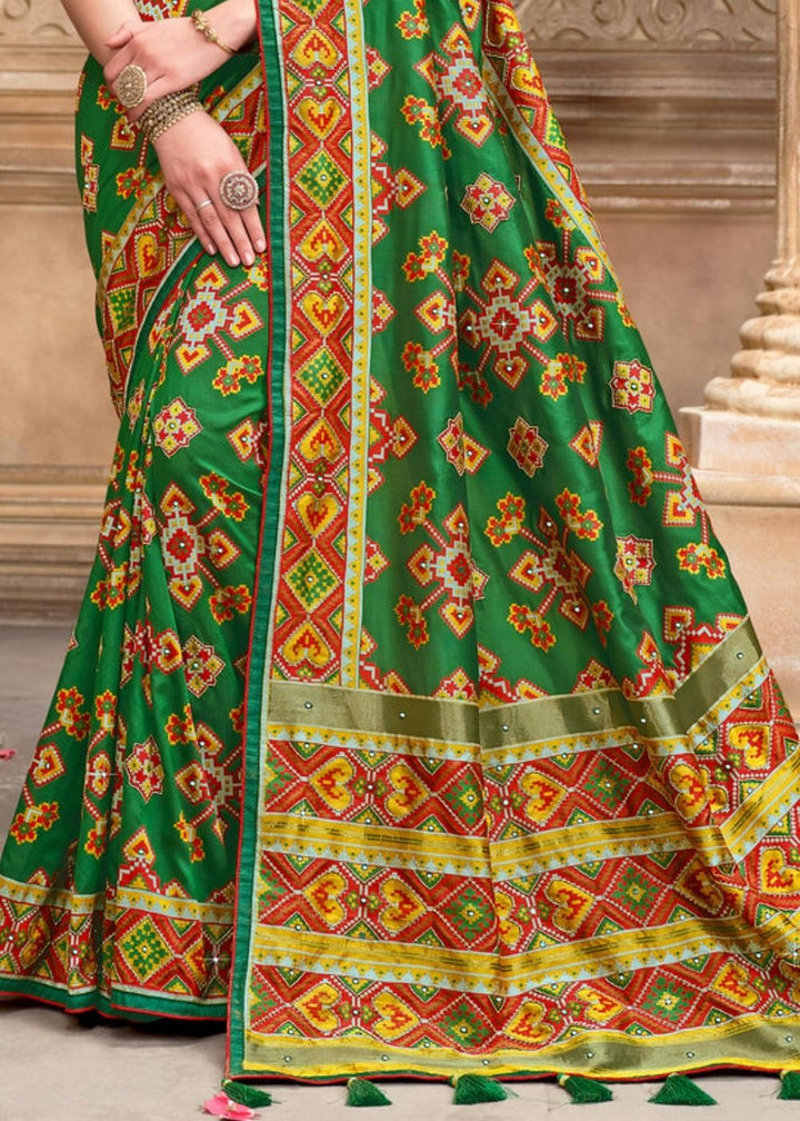 Jade Green Patola Silk Saree with Mirror Khatli and Cut-Dana work