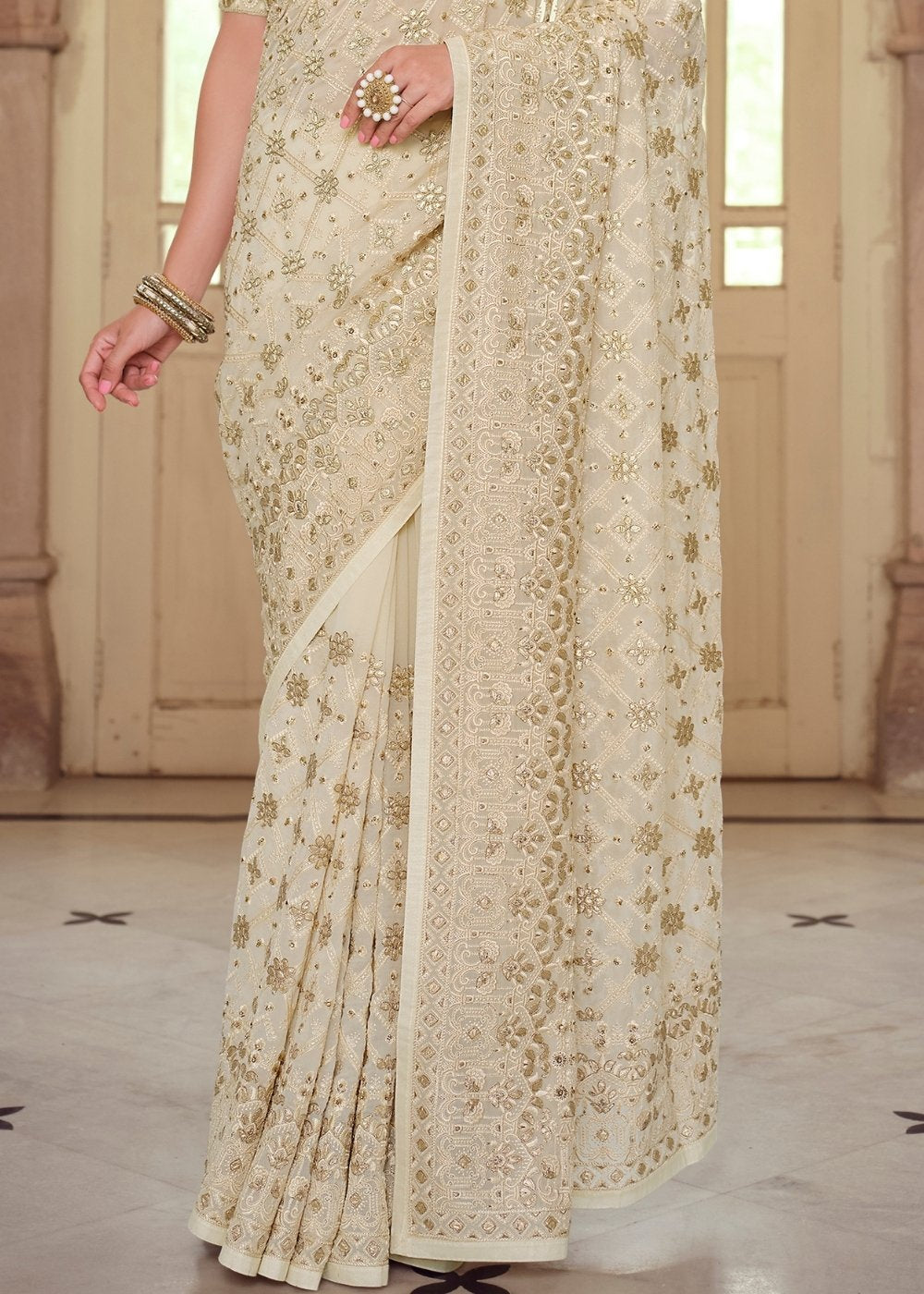 Off White Designer Georgette Saree with Gota & Resham work