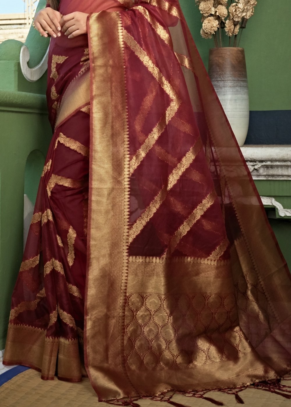 Chestnut Brown Zari Woven Organza Silk Saree