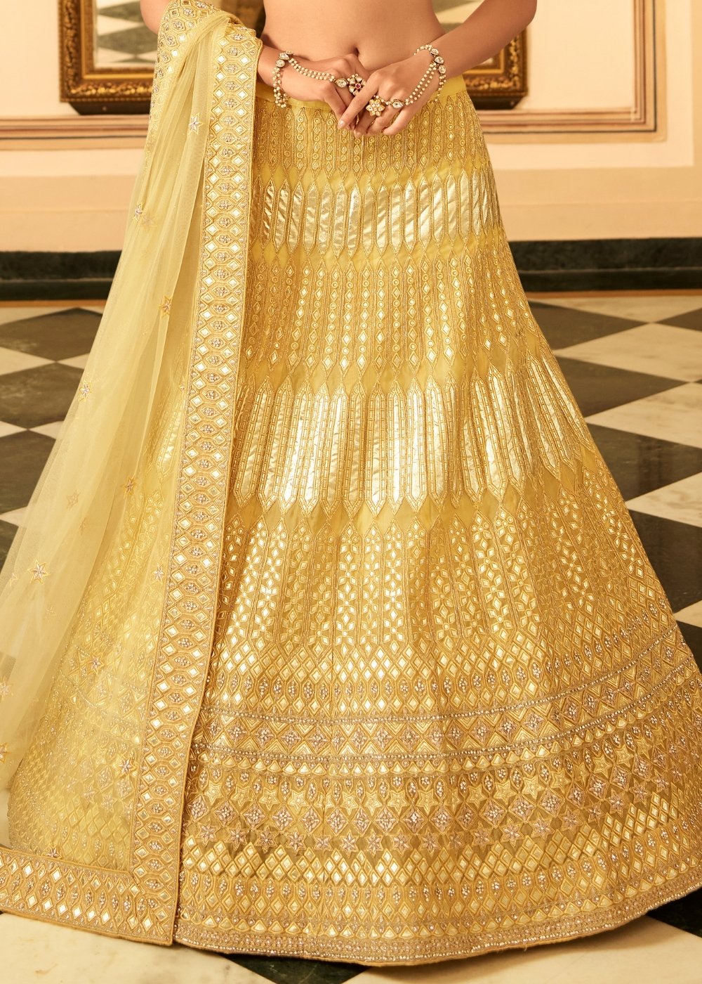 Royal Yellow Organza Lehenga Choli with Zari, Dori, Thread, Swarvoski & Zarkan work