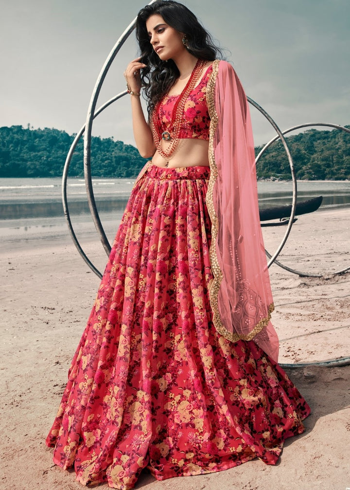 Punch Pink Designer Printed Organza Lehenga with Soft Net Dupatta