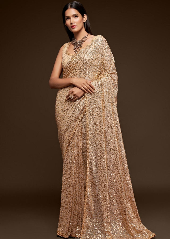 Ivory White Sequins & Thread Embroidered Designer Georgette Saree