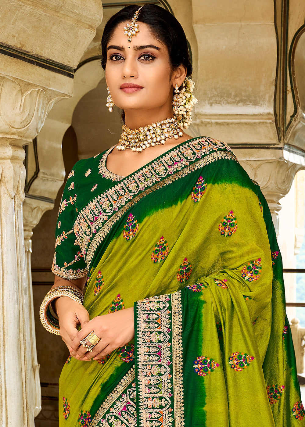 Olive Green Woven Dola Silk Saree with Embroidered Blouse