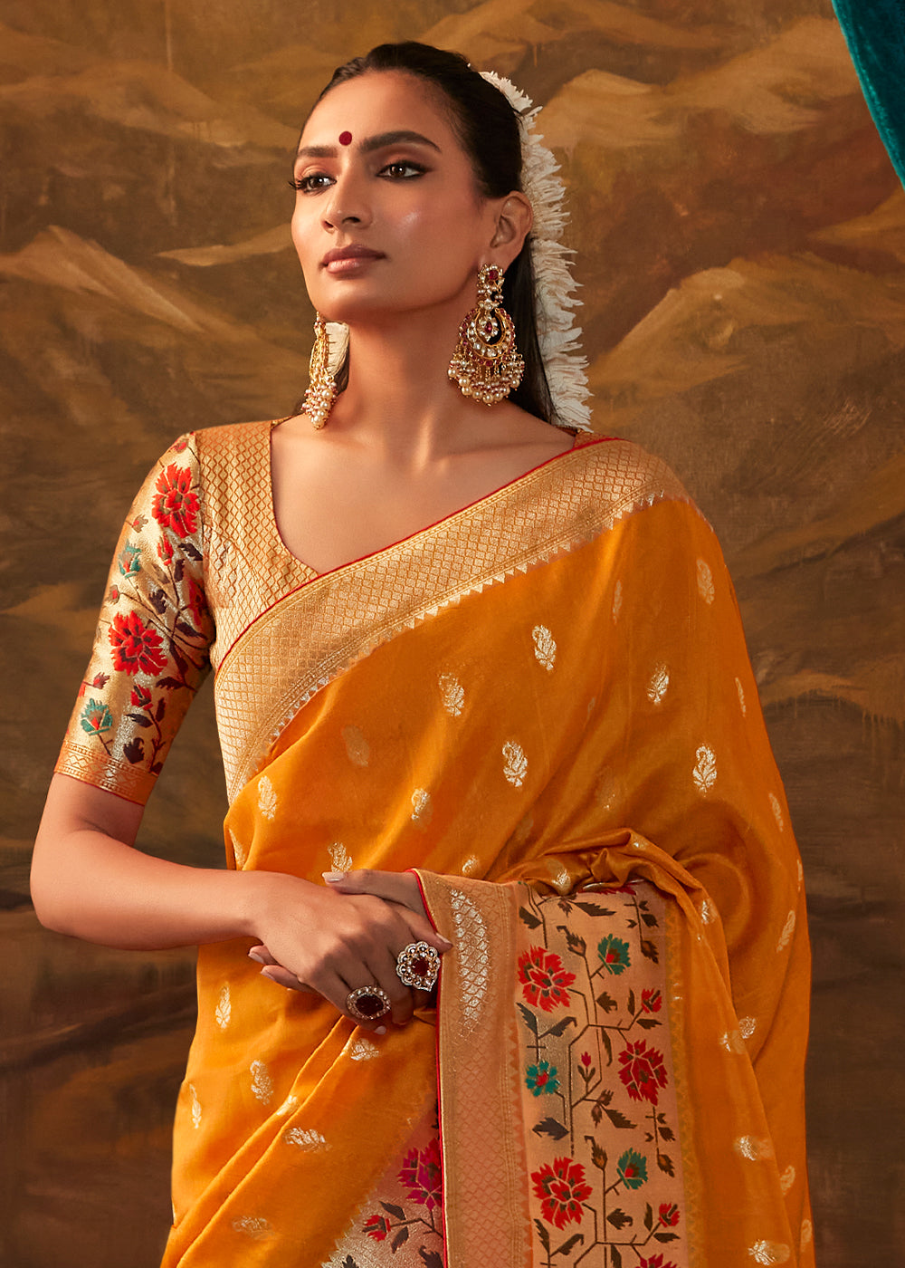 Carrot Orange Paithani Banarasi Silk Saree having Resham Woven Floral Motifs