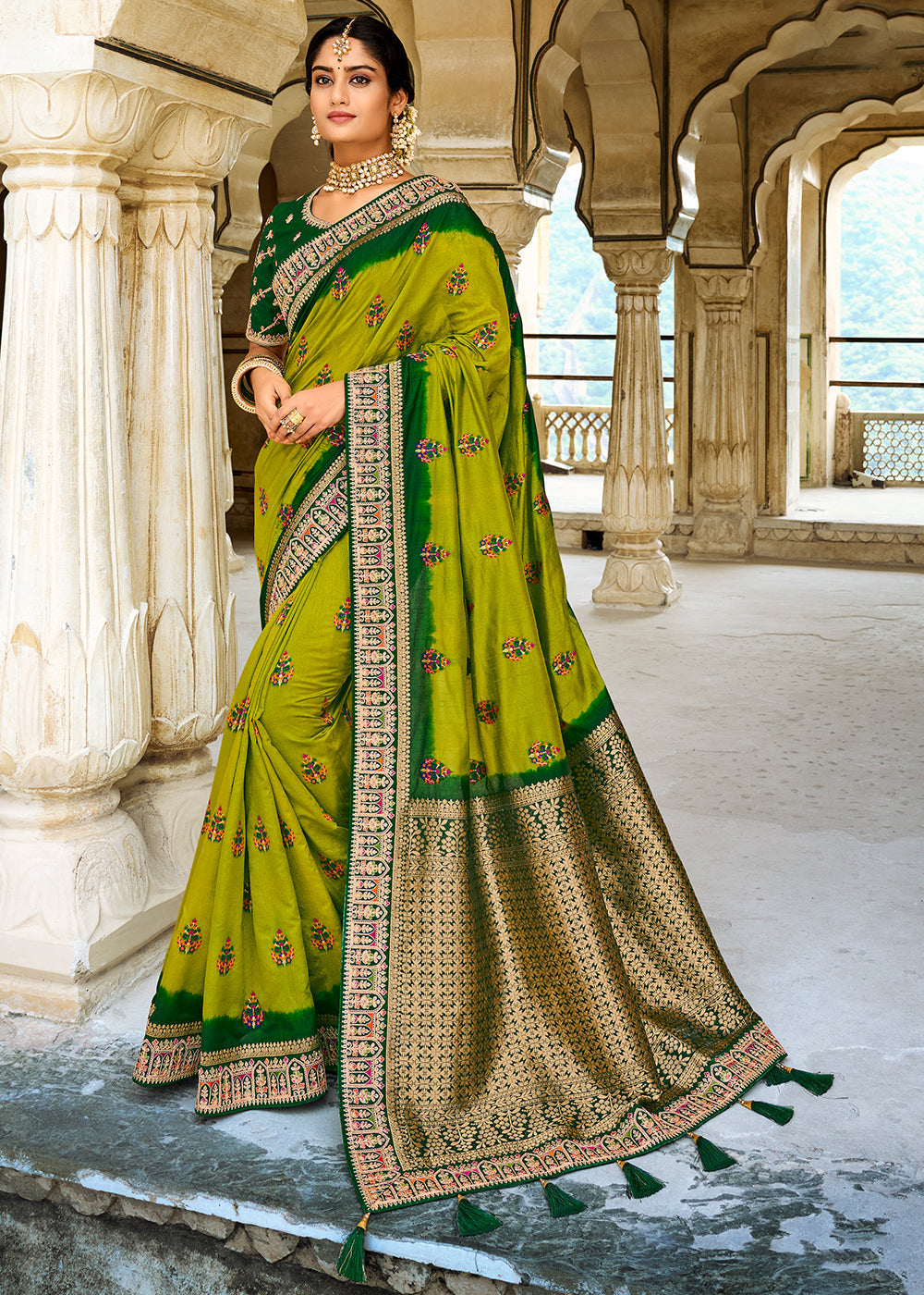 Olive Green Woven Dola Silk Saree with Embroidered Blouse