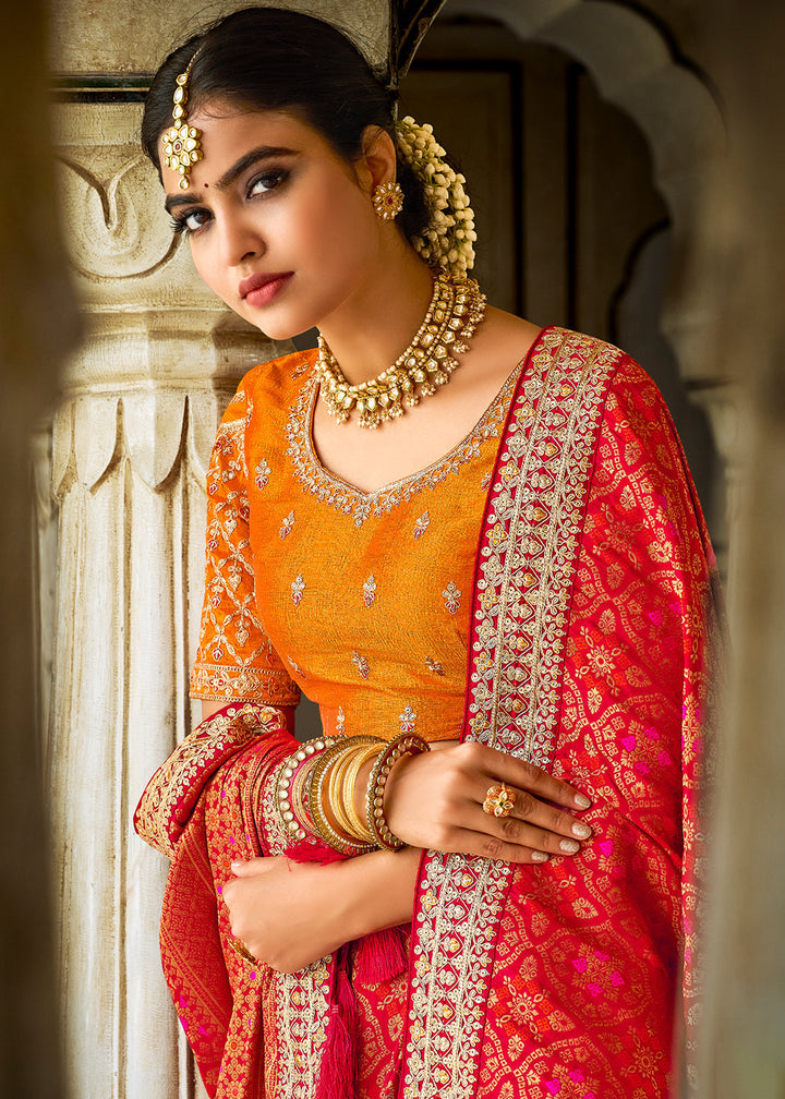 Crimson Red Woven Dola Silk Saree with Embroidered Blouse