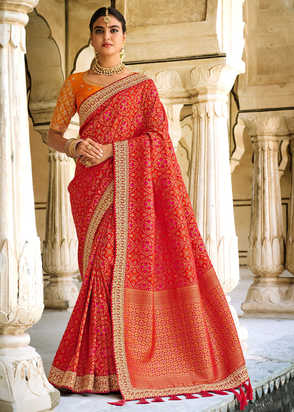 Crimson Red Woven Dola Silk Saree with Embroidered Blouse