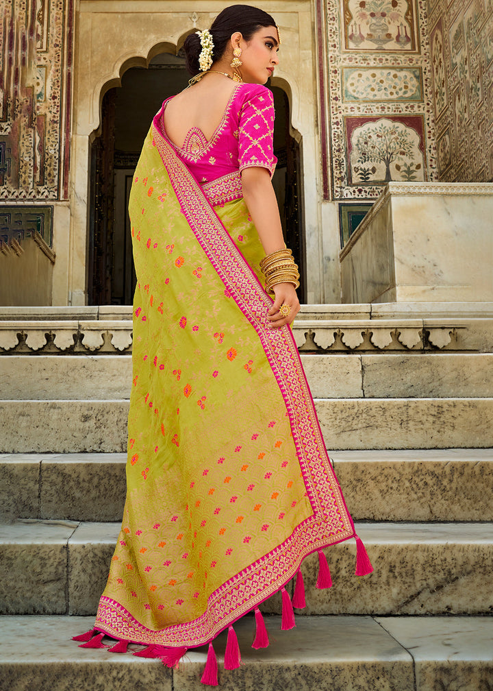 Pastel Green Woven Dola Silk Saree with Embroidered Blouse