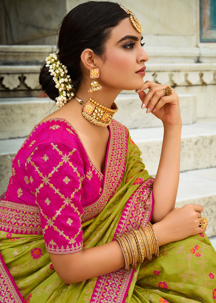 Pastel Green Woven Dola Silk Saree with Embroidered Blouse