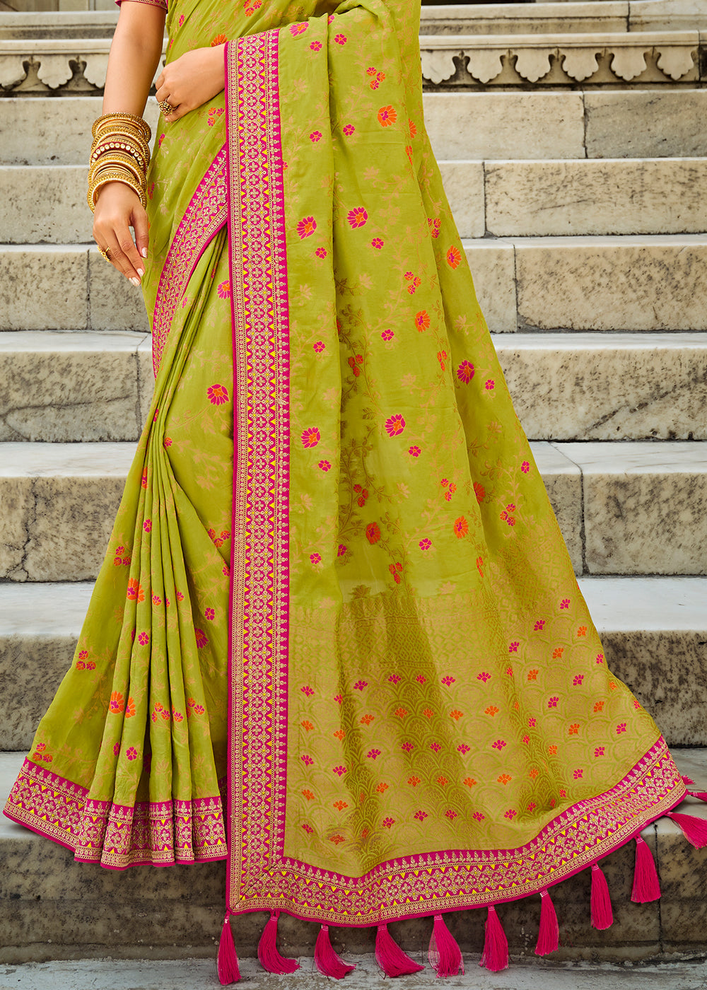 Pastel Green Woven Dola Silk Saree with Embroidered Blouse