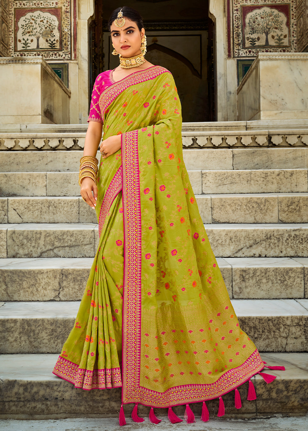 Pastel Green Woven Dola Silk Saree with Embroidered Blouse