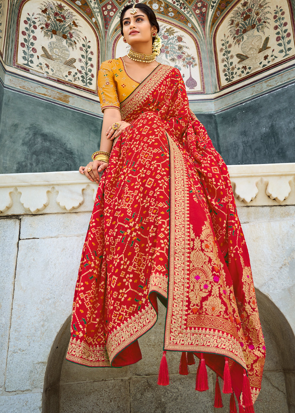 Cherry Red Woven Dola Silk Saree with Embroidered Blouse