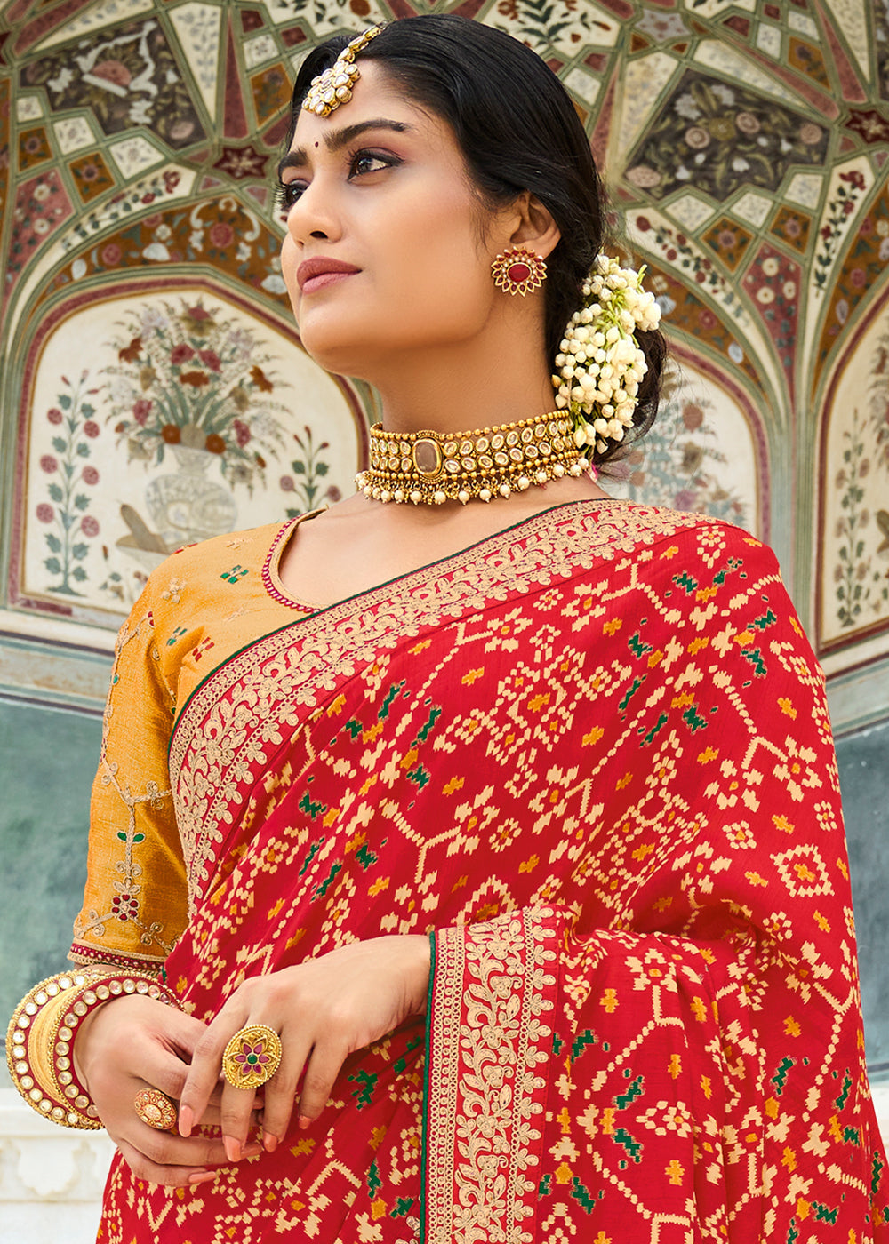 Cherry Red Woven Dola Silk Saree with Embroidered Blouse