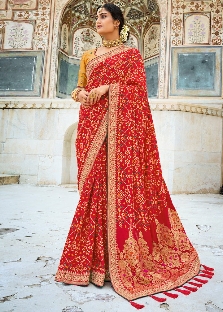 Cherry Red Woven Dola Silk Saree with Embroidered Blouse