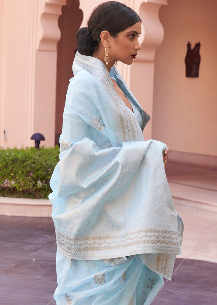 Baby Blue Woven Linen Silk Saree