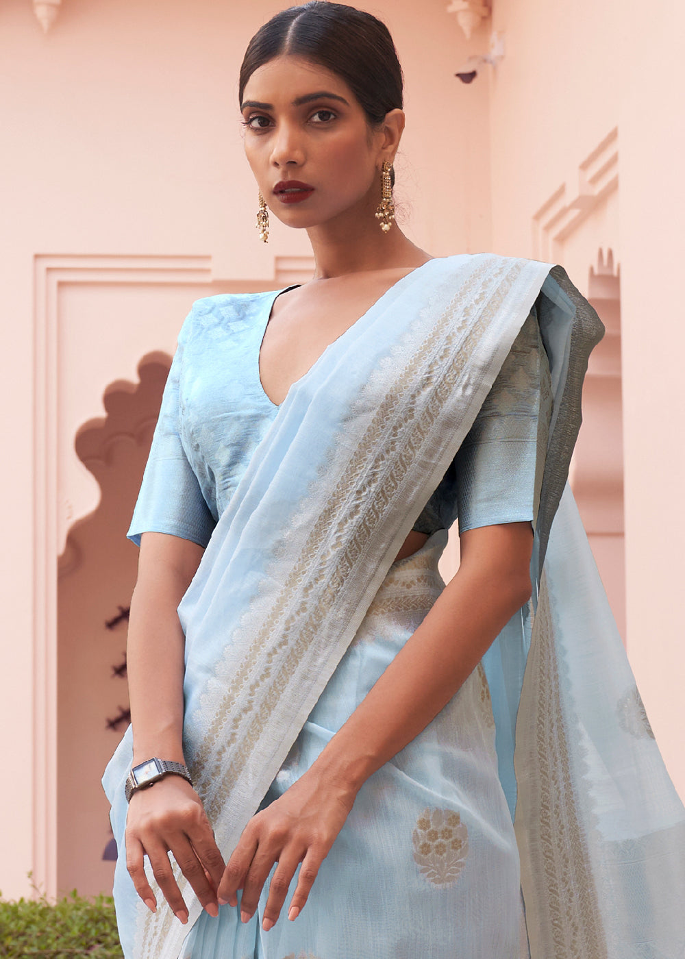 Baby Blue Woven Linen Silk Saree