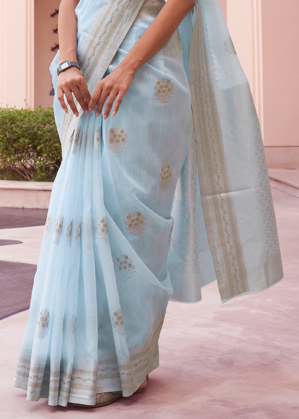 Baby Blue Woven Linen Silk Saree