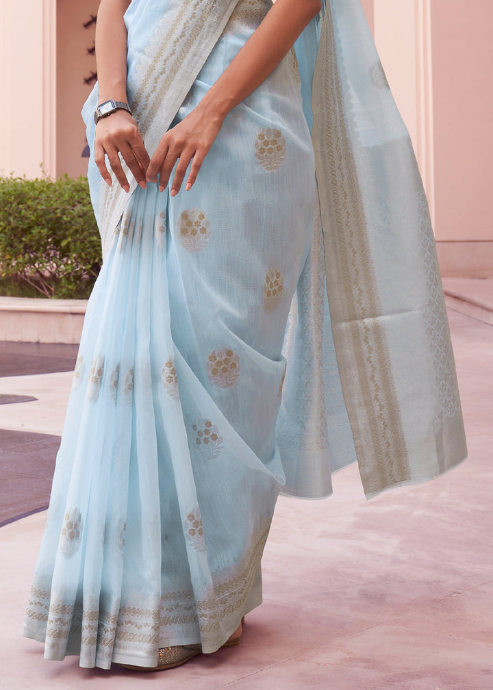 Baby Blue Woven Linen Silk Saree