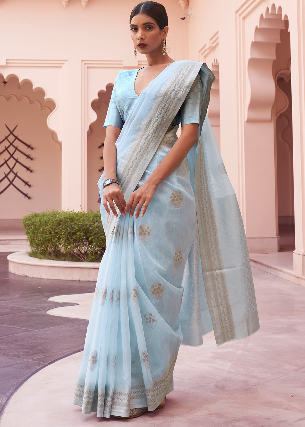 Baby Blue Woven Linen Silk Saree