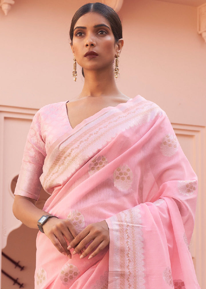 Flamingo Pink Woven Linen Silk Saree