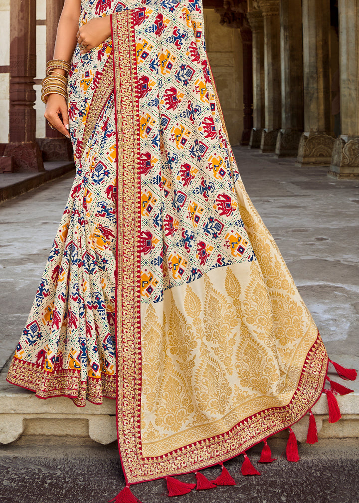 Rice White Woven Dola Silk Saree with Embroidered Blouse