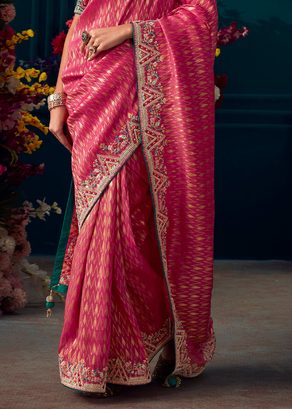 Cerise Pink Woven Kanjivaram Silk Saree with Sequin,Stone,Khatli & Pearl work