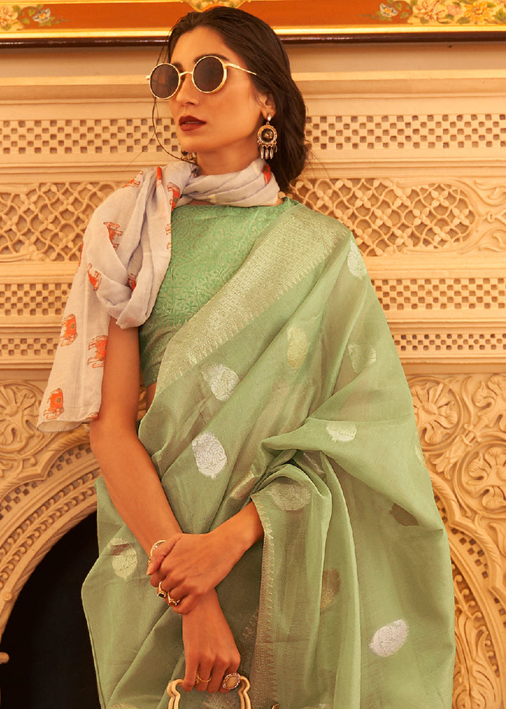 Pear Green Zari Woven Soft Tissue Silk Saree