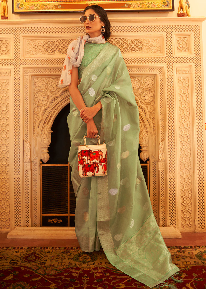 Pear Green Zari Woven Soft Tissue Silk Saree