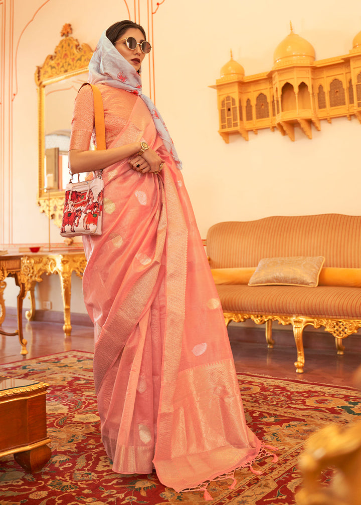 Salmon Pink Zari Woven Soft Tissue Silk Saree