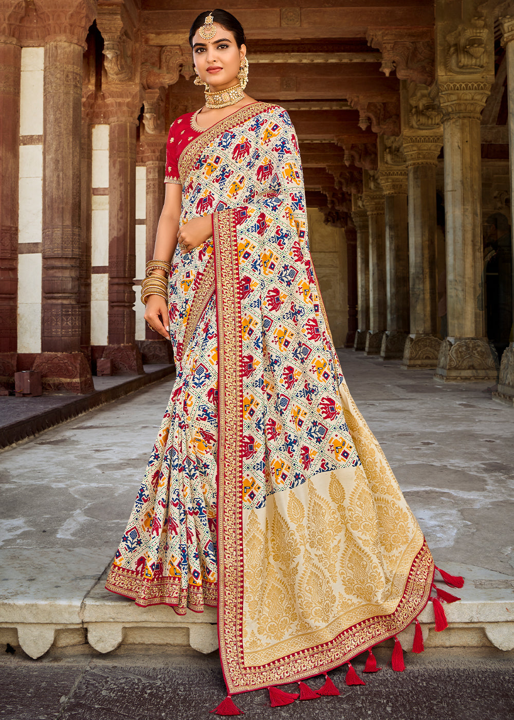 Rice White Woven Dola Silk Saree with Embroidered Blouse