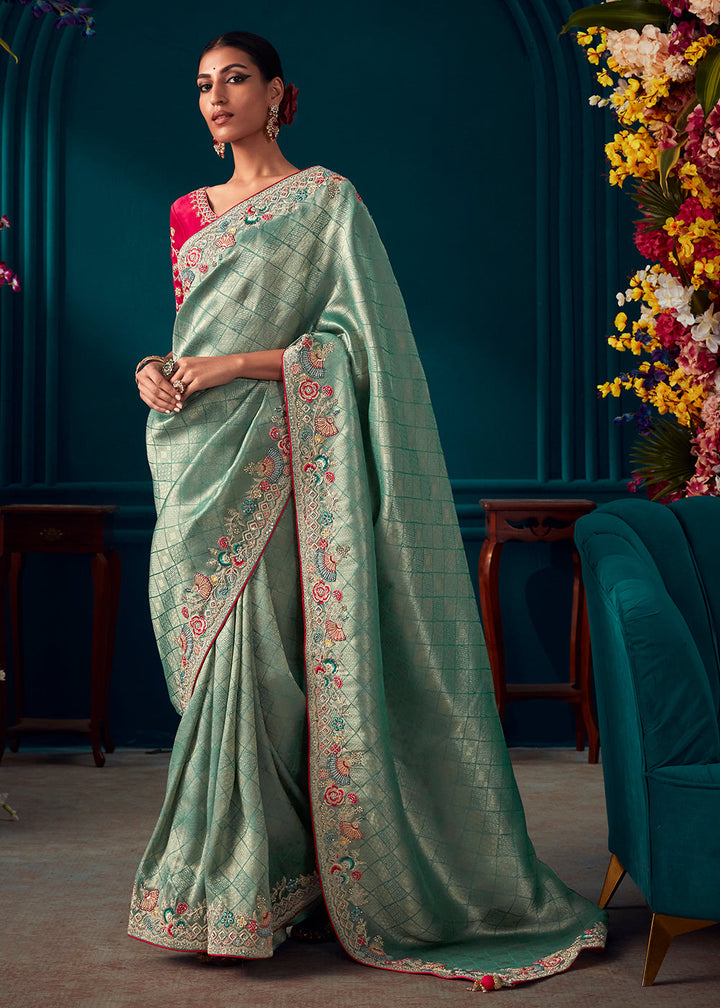 Shades Of Blue Woven Kanjivaram Silk Saree with Sequin,Stone,Khatli & Pearl work