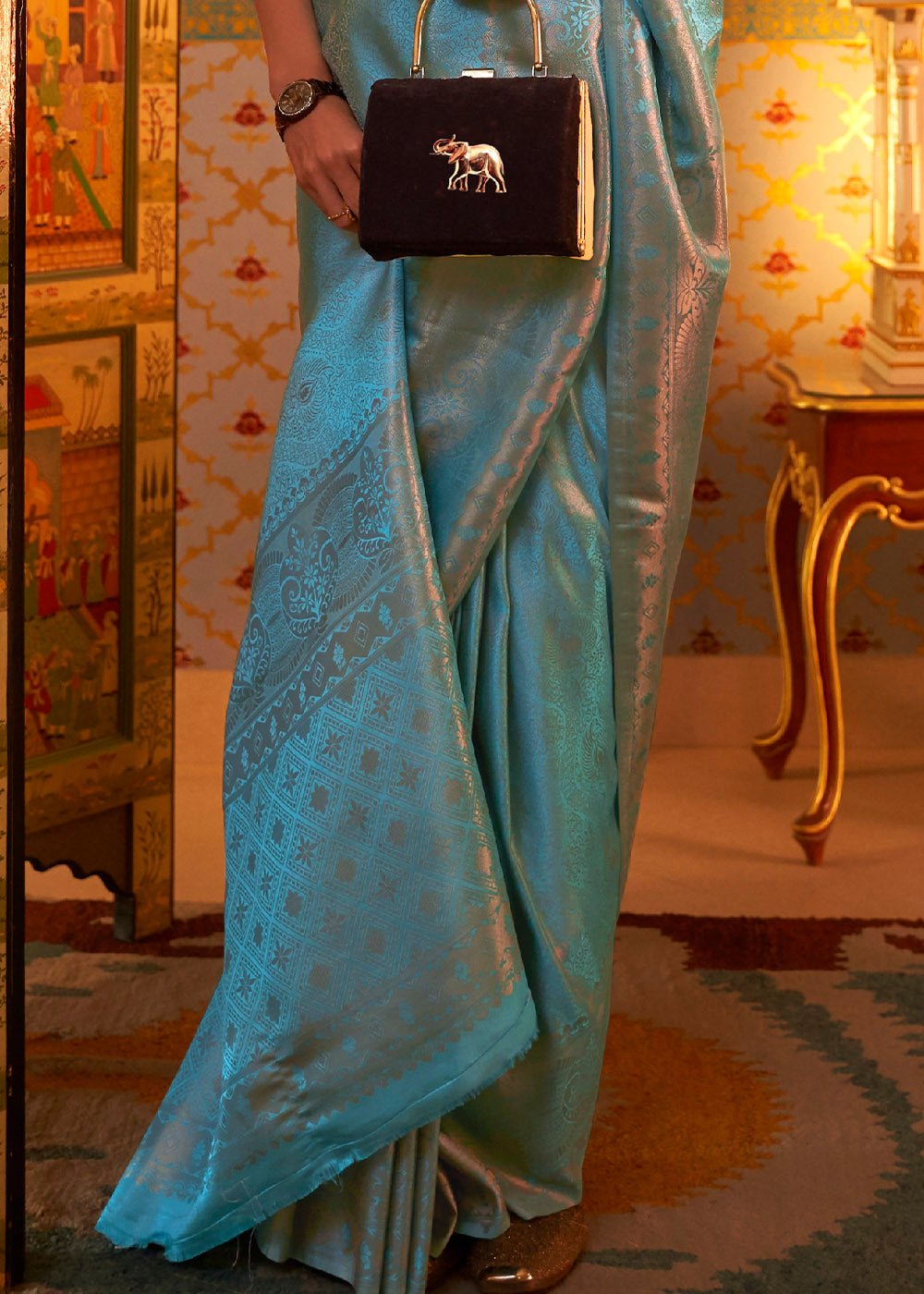 Cyan Blue Designer Satin Silk Saree