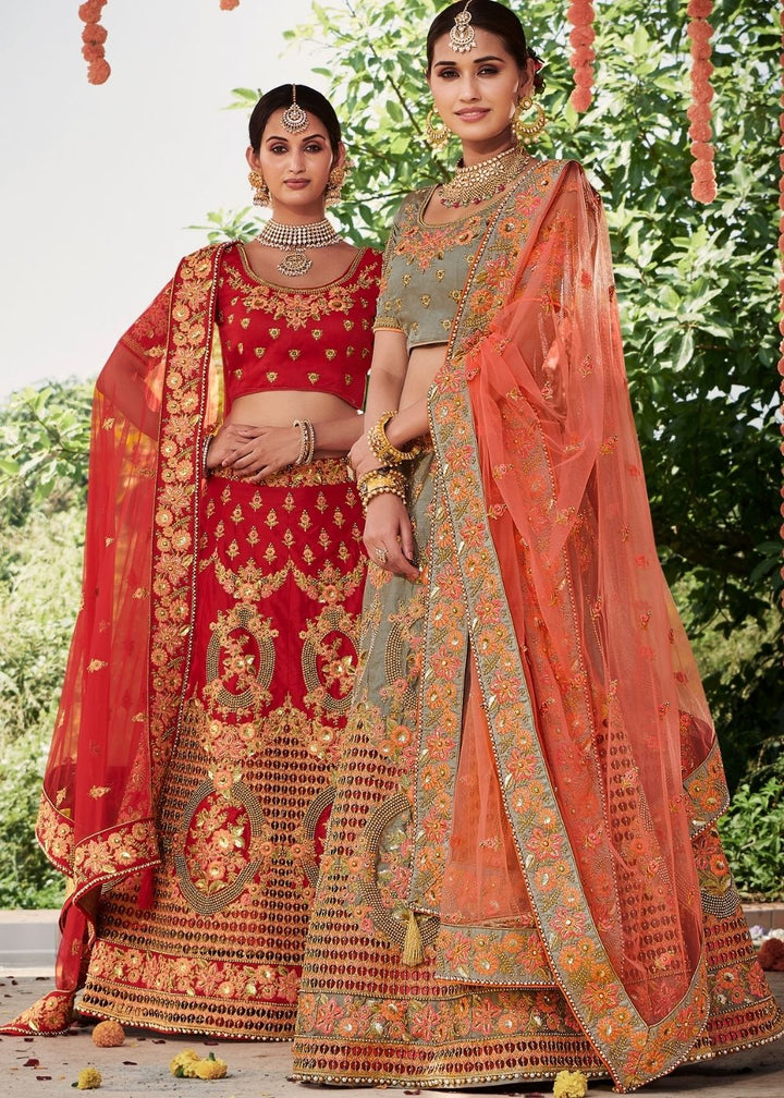 Rose Red Silk Bridal Lehenga Choli with Heavy Thread Embroidery and Stone work