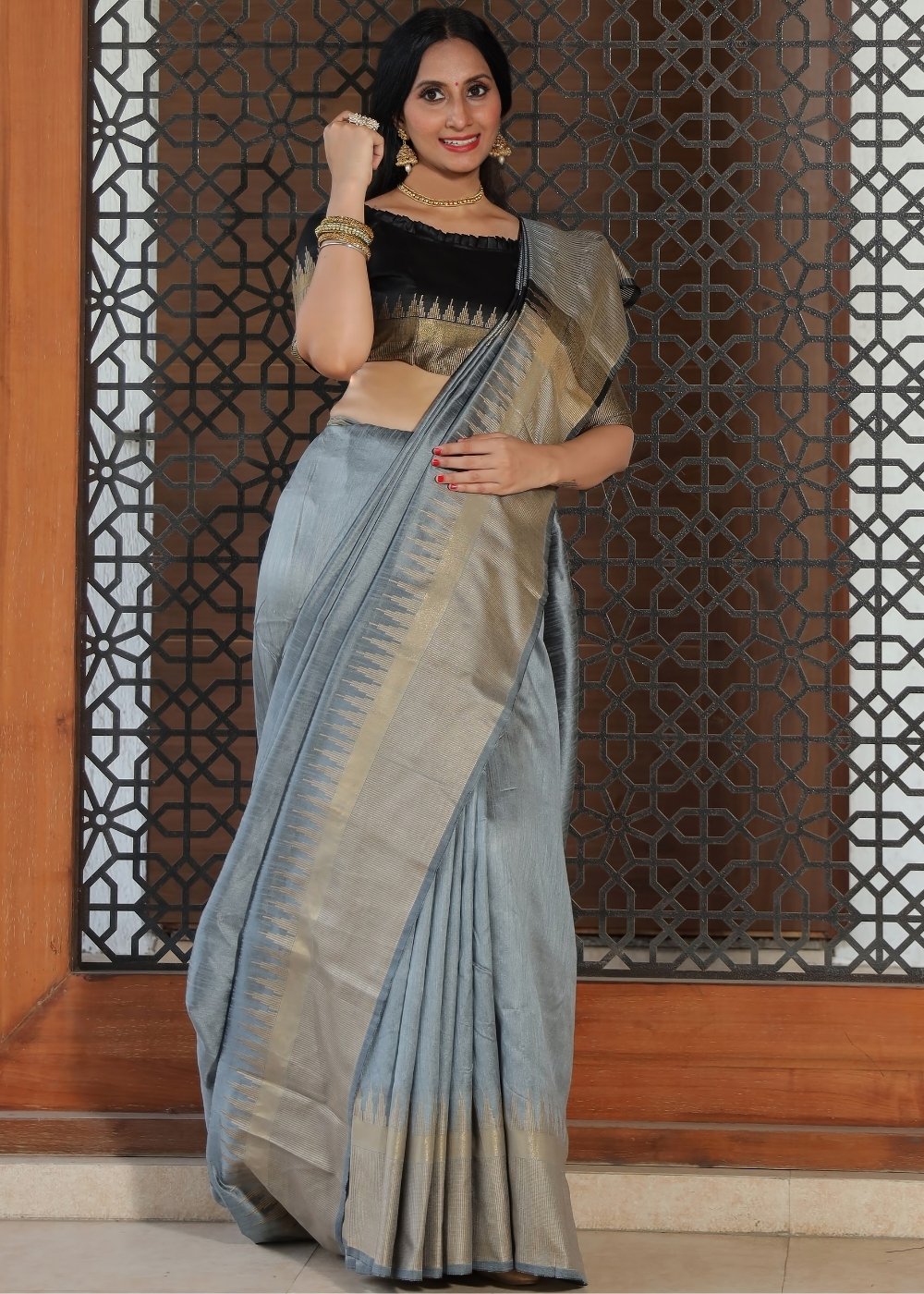 Steel Grey Art Silk Saree with Temple Border