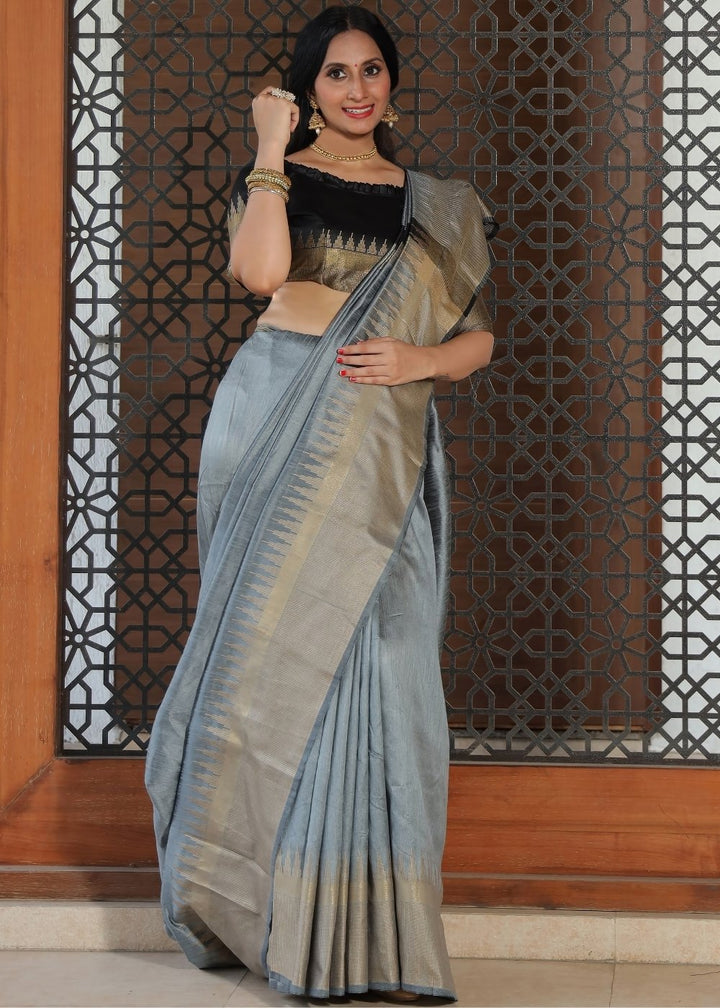 Steel Grey Art Silk Saree with Temple Border