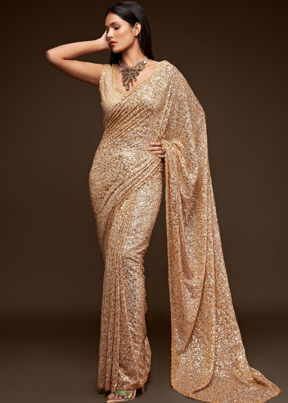 Ivory White Sequins & Thread Embroidered Designer Georgette Saree