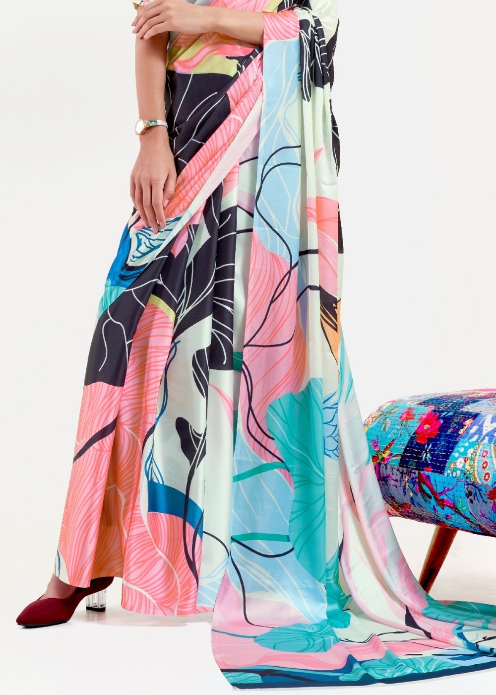 Multi Colored Digital Printed Satin Crepe Saree