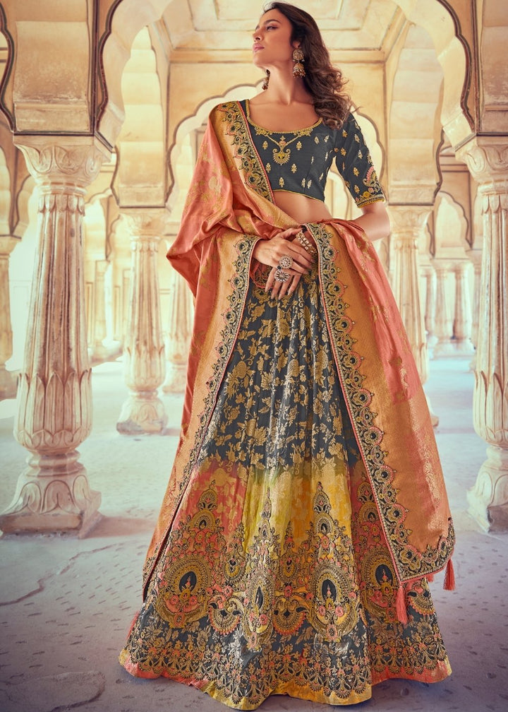 Anchor Grey & Pink Banarasi Silk Lehenga Choli with Khatli work Embroidery