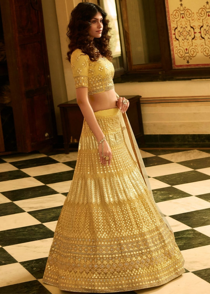 Royal Yellow Organza Lehenga Choli with Zari, Dori, Thread, Swarvoski & Zarkan work